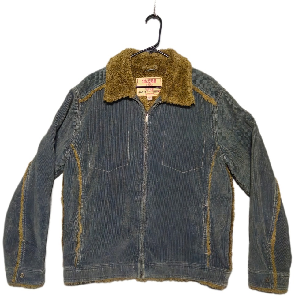 Vintage Guess Jeans Corduroy Jacket Mens M Blue Faux Fur Lined Sherpa Collar
